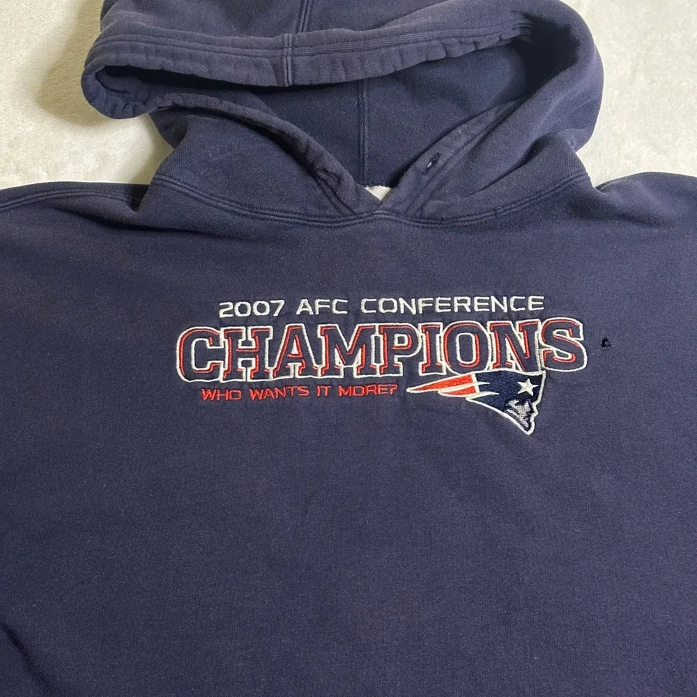 Vintage Reebok NFL New England Patriots 2007 AFC Champions Hoodie Navy Large Y2K